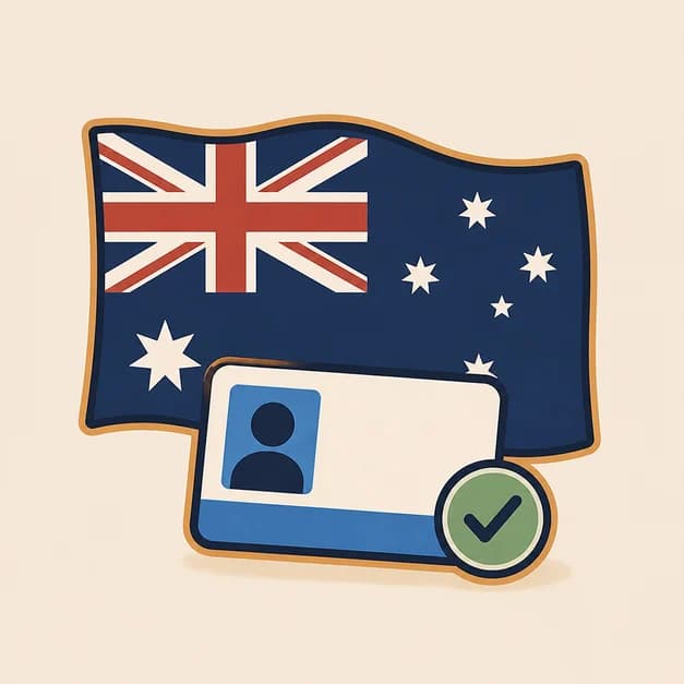 Australian flag behind a blank driving licence with an approval check.
