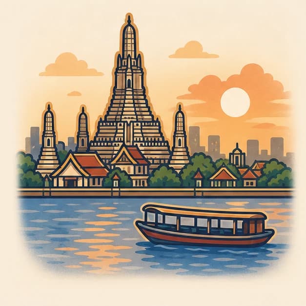 Bangkok riverside with Wat Arun-inspired temple spires and a river boat at sunset.