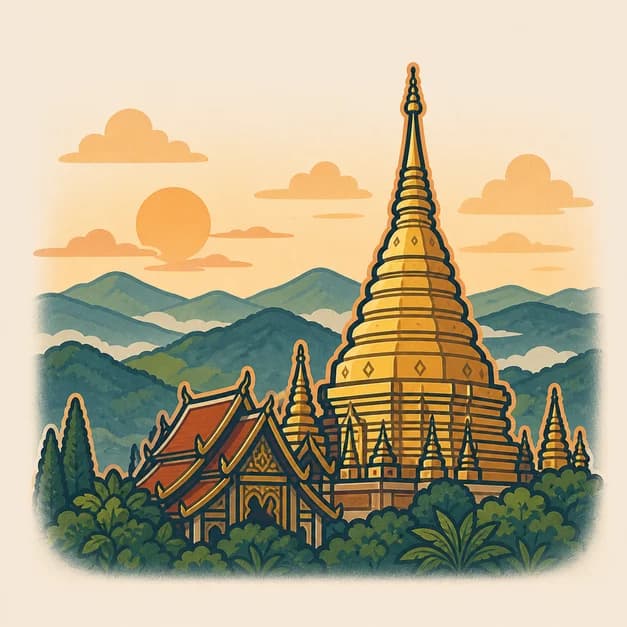 Golden Doi Suthep-inspired temple among green Chiang Mai mountains at sunrise.