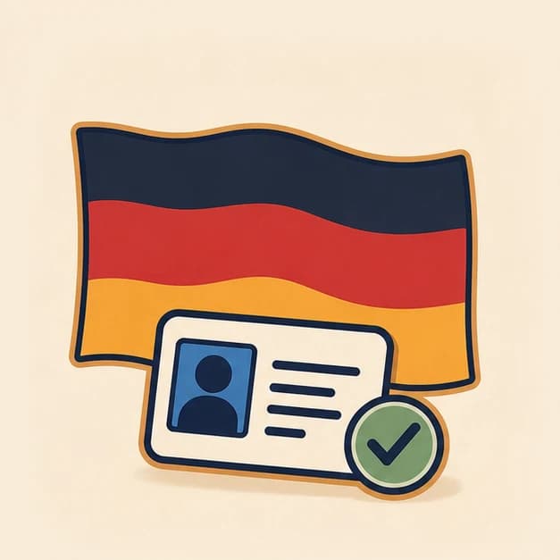 German black-red-gold flag behind a blank driving licence with an approval check.