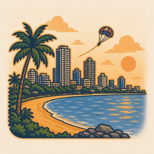 Curved Pattaya beachfront with palms, city skyline, blue sea, and a parasail.