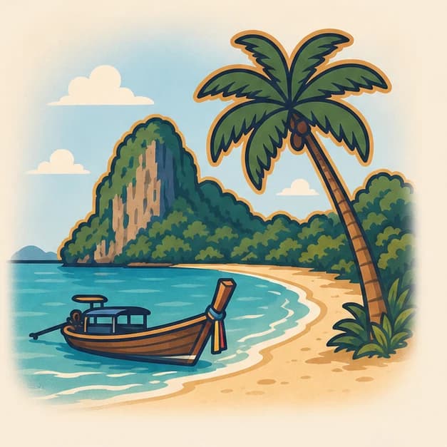 Turquoise Phuket beach with a palm, long-tail boat, and green limestone headland.