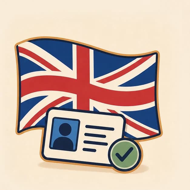 Union Jack behind a blank driving licence with an approval check.