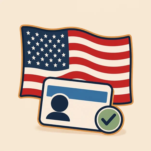 United States flag behind a blank driving licence with an approval check.