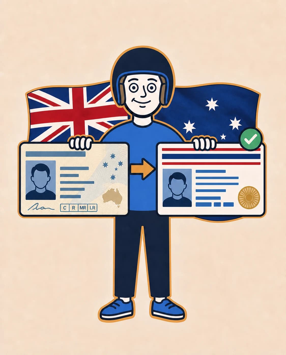 FarangDrive mascot showing a detailed Australian state or territory licence changing into an abstract Thai driving licence, with the Australian flag behind.