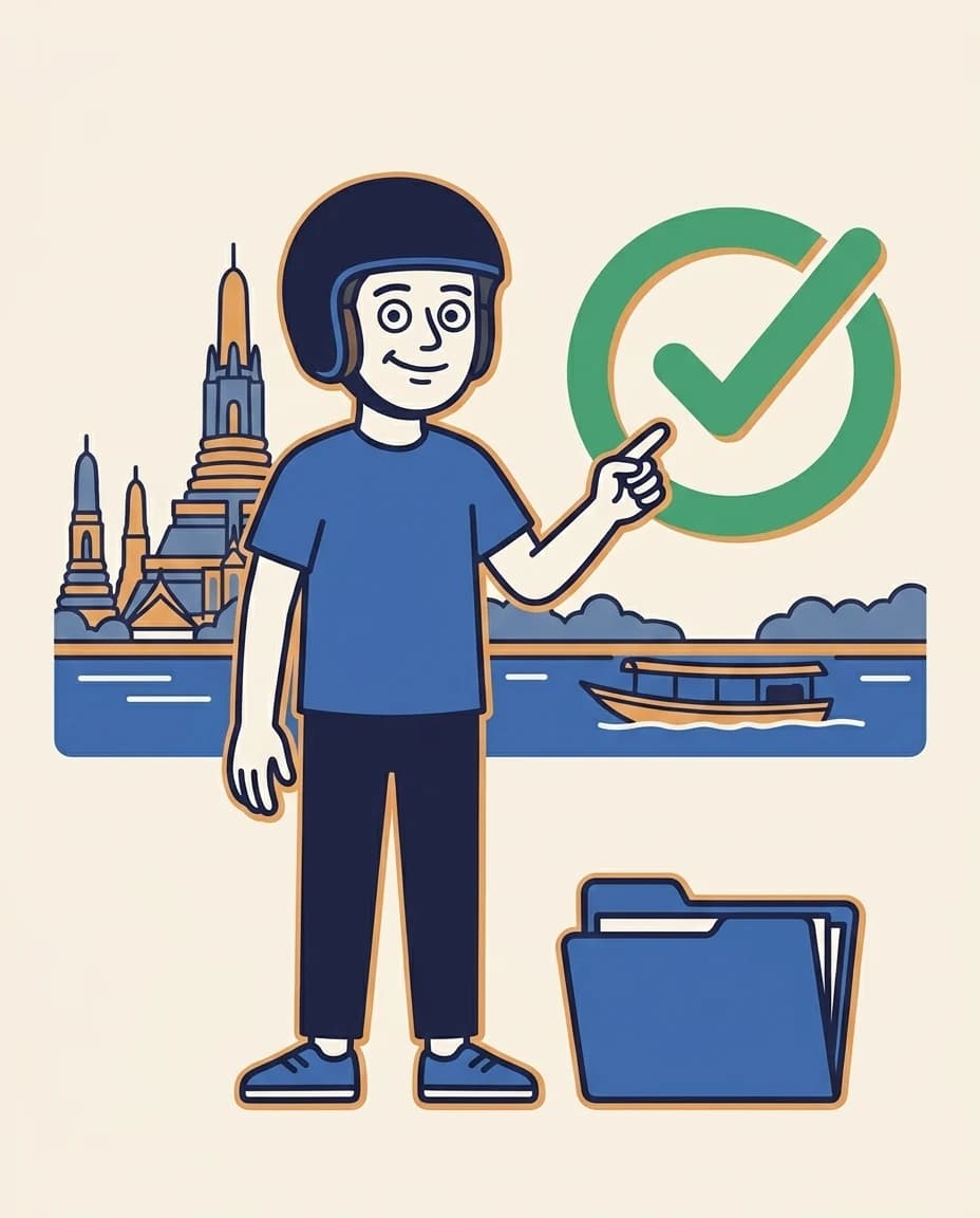 FarangDrive mascot with a document folder beside a Bangkok riverside and Wat Arun-inspired temple scene.