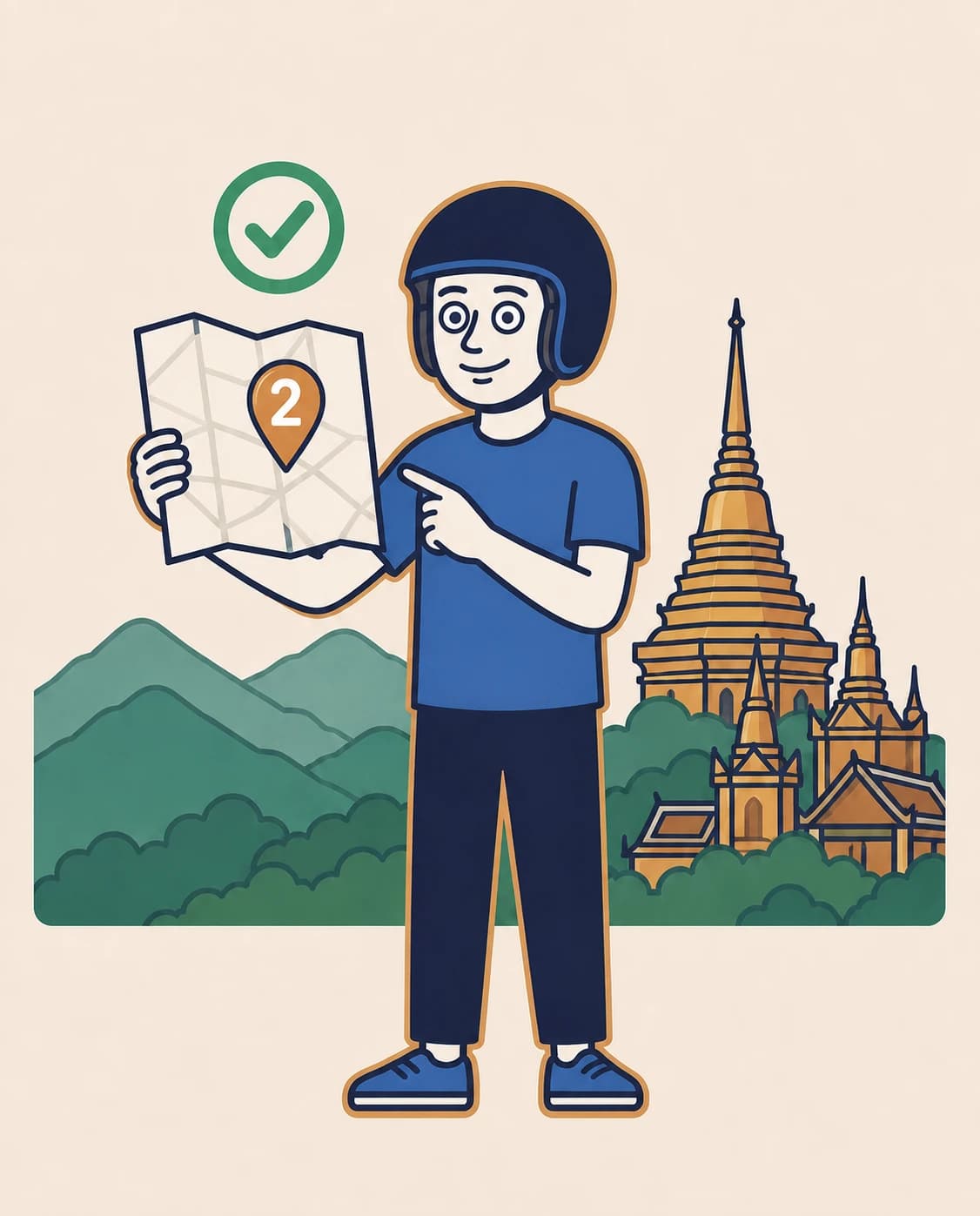 FarangDrive mascot pointing to Chiang Mai transport office number 2 on a map beside green mountains and a golden temple.