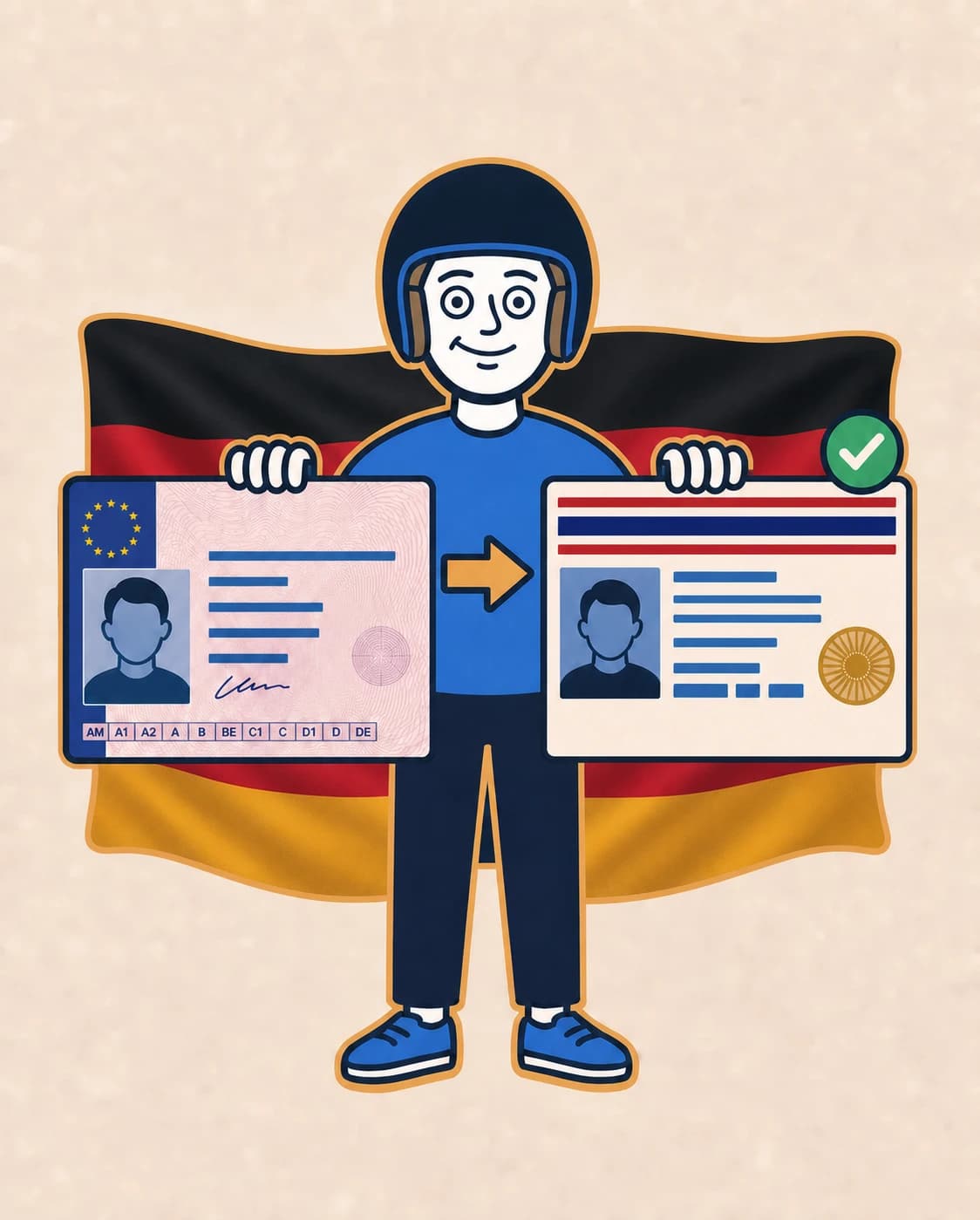 FarangDrive mascot showing a detailed German EU photocard changing into an abstract Thai driving licence, with the German flag behind.