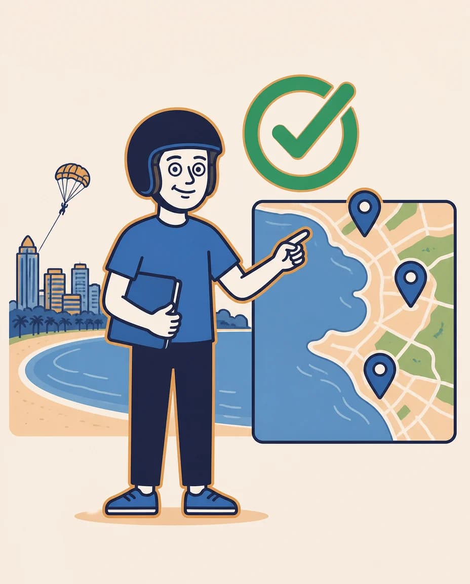 FarangDrive mascot holding a document folder and pointing to a three-pin map beside Pattaya Bay.