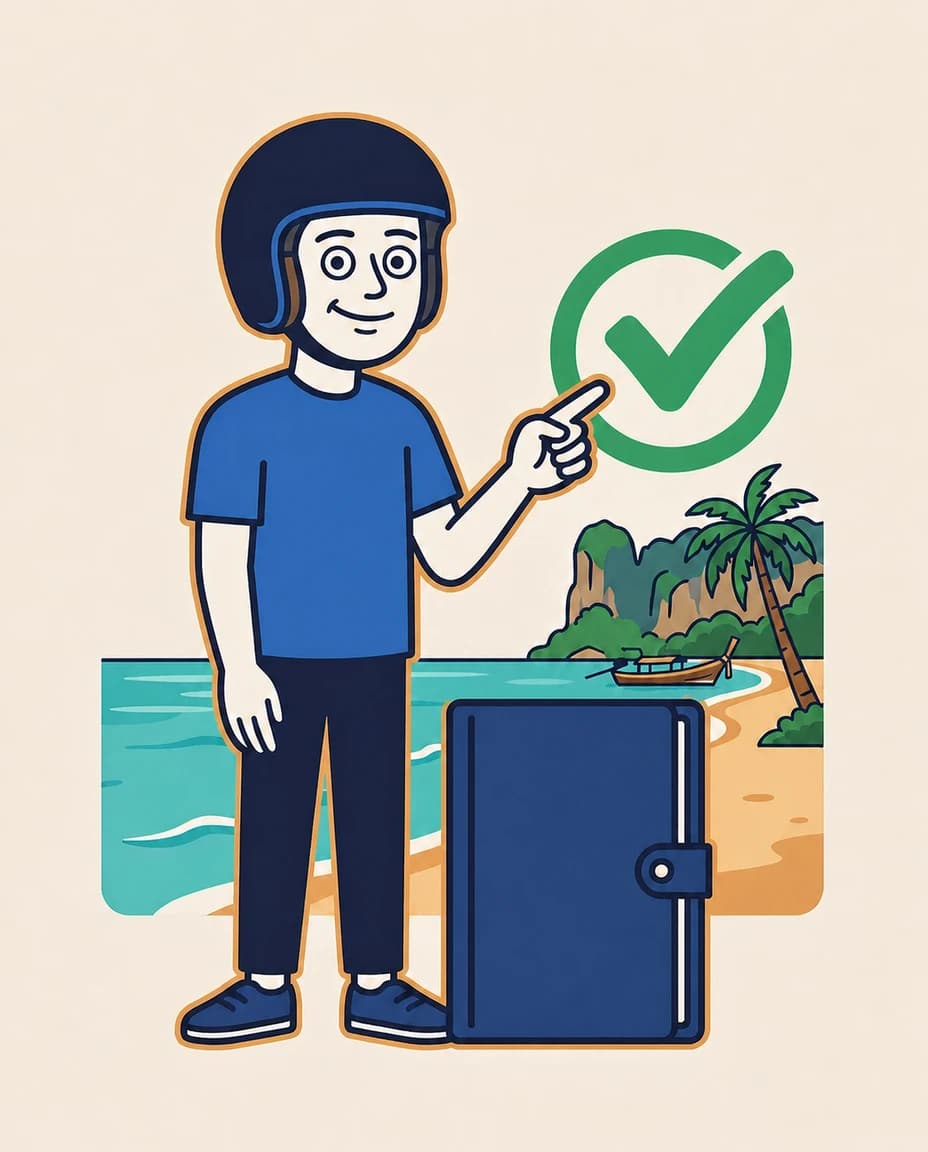 FarangDrive mascot with a document folder beside a Phuket beach, palm, long-tail boat, and limestone headland.