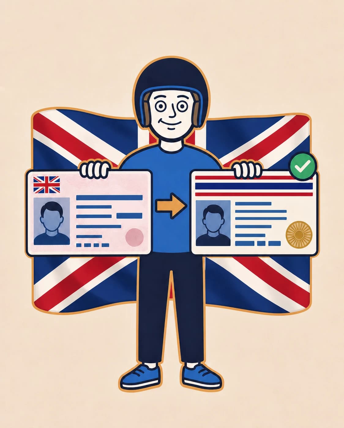 FarangDrive mascot showing a detailed UK photocard changing into an abstract Thai driving licence, with the Union Jack behind.