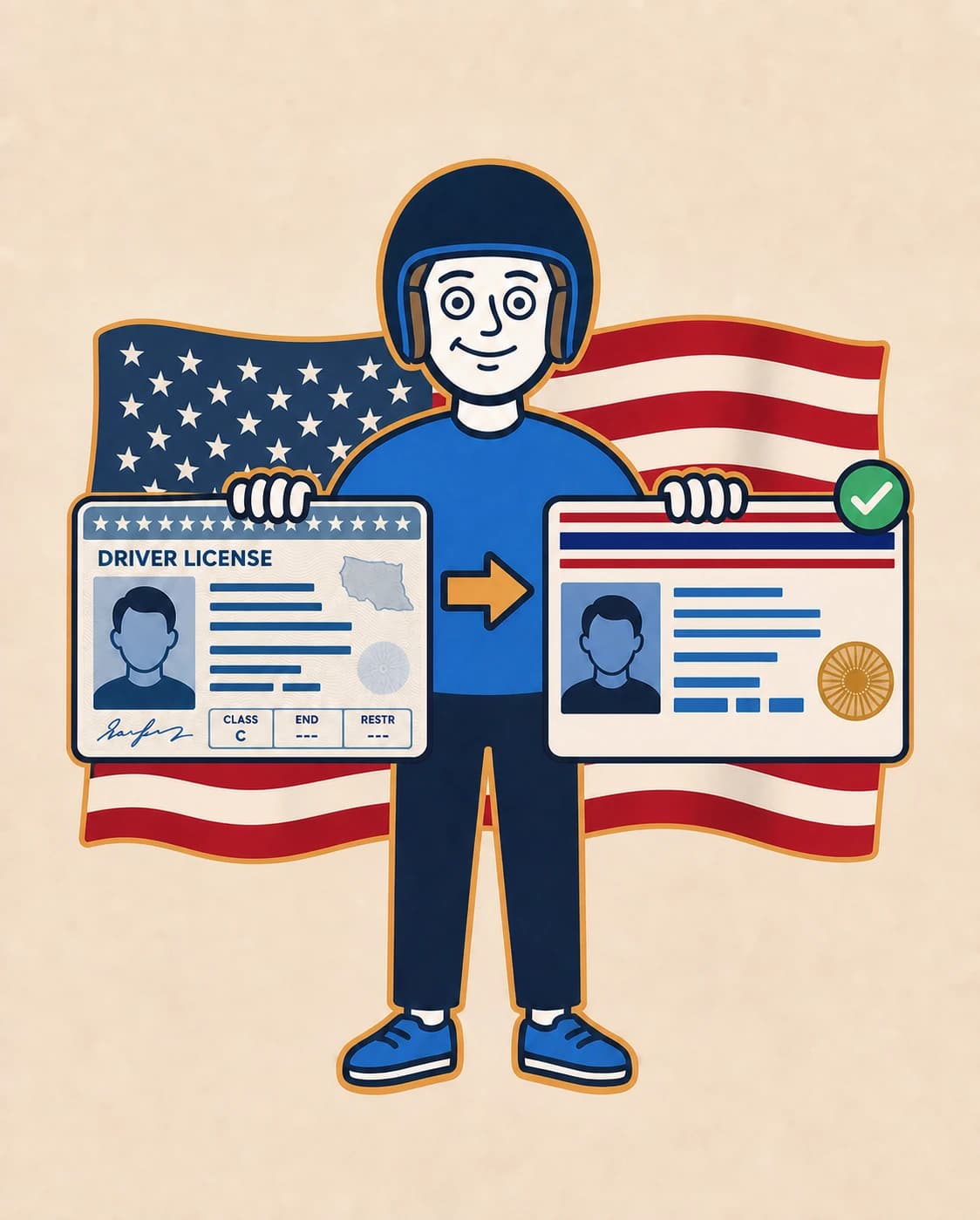 FarangDrive mascot showing a detailed US state-issued driver licence changing into an abstract Thai driving licence, with the US flag behind.