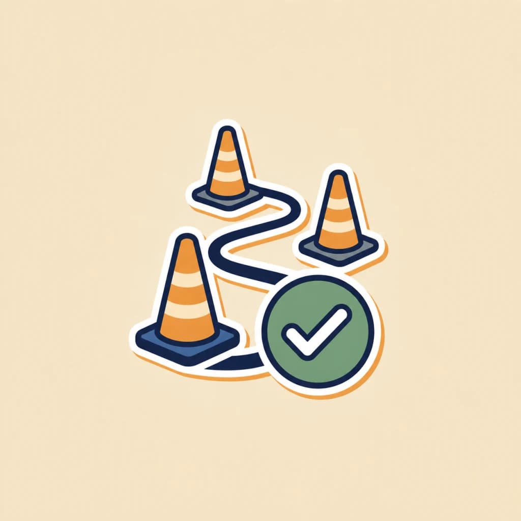 Traffic cones along a curved course with a green check-mark badge, signalling that the practical test is treated as passed for an accepted conversion.
