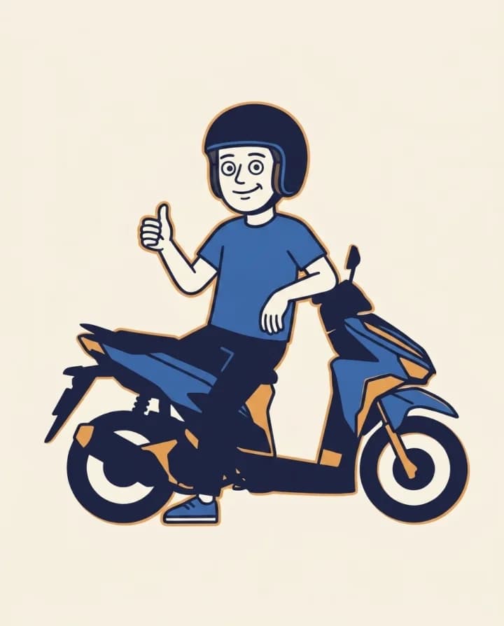 Mascot relaxed on a parked scooter holding a thumbs-up.