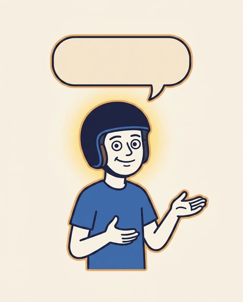 Mascot standing with both hands open in a welcoming 'ask away' gesture, a single blank speech bubble floating above their head.