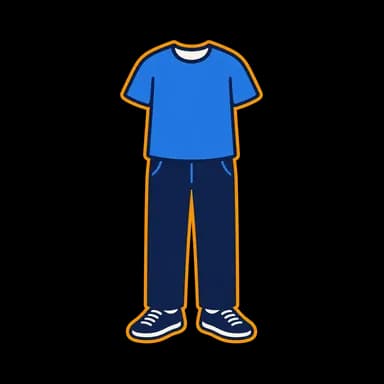 Sleeved blue shirt, long navy trousers, and closed shoes.
