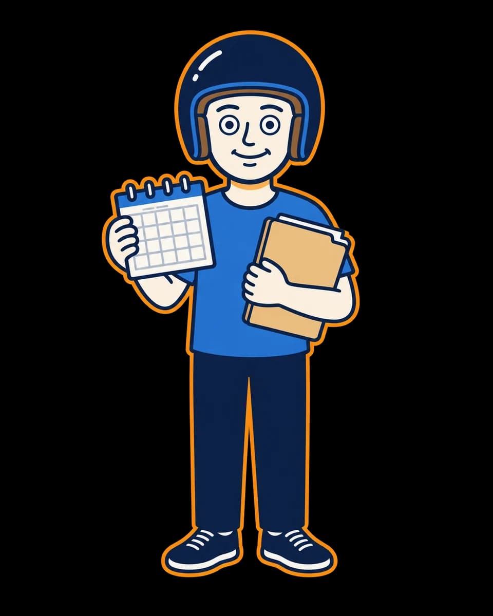 Mascot holding an appointment calendar and a plain document folder.