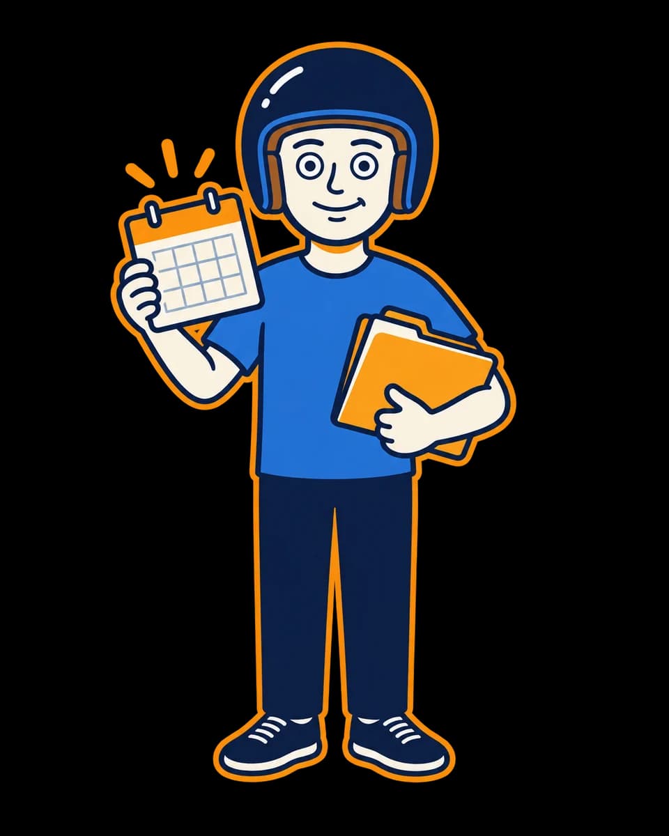 Mascot holding an appointment calendar and a plain document folder.