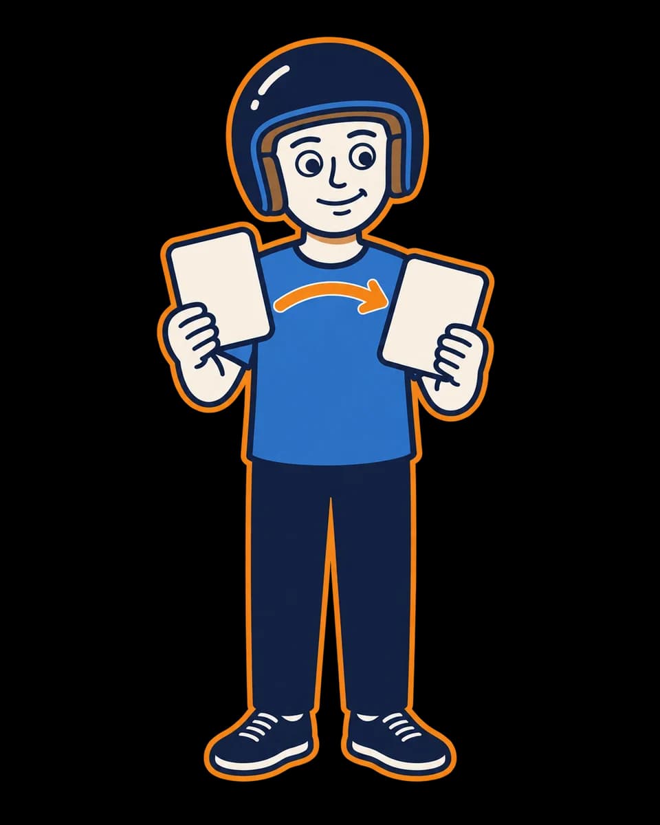 Mascot comparing two blank licence cards linked by an orange arrow.