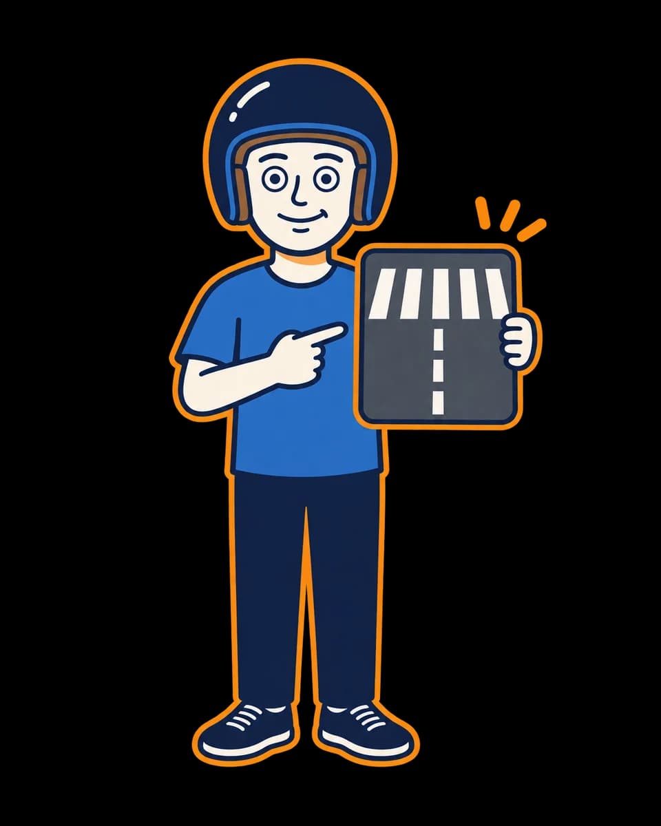 Mascot pointing to a simple road-marking tile with white lines.