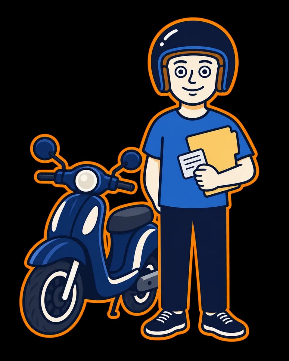 Mascot beside a parked navy scooter, holding a plain folder.