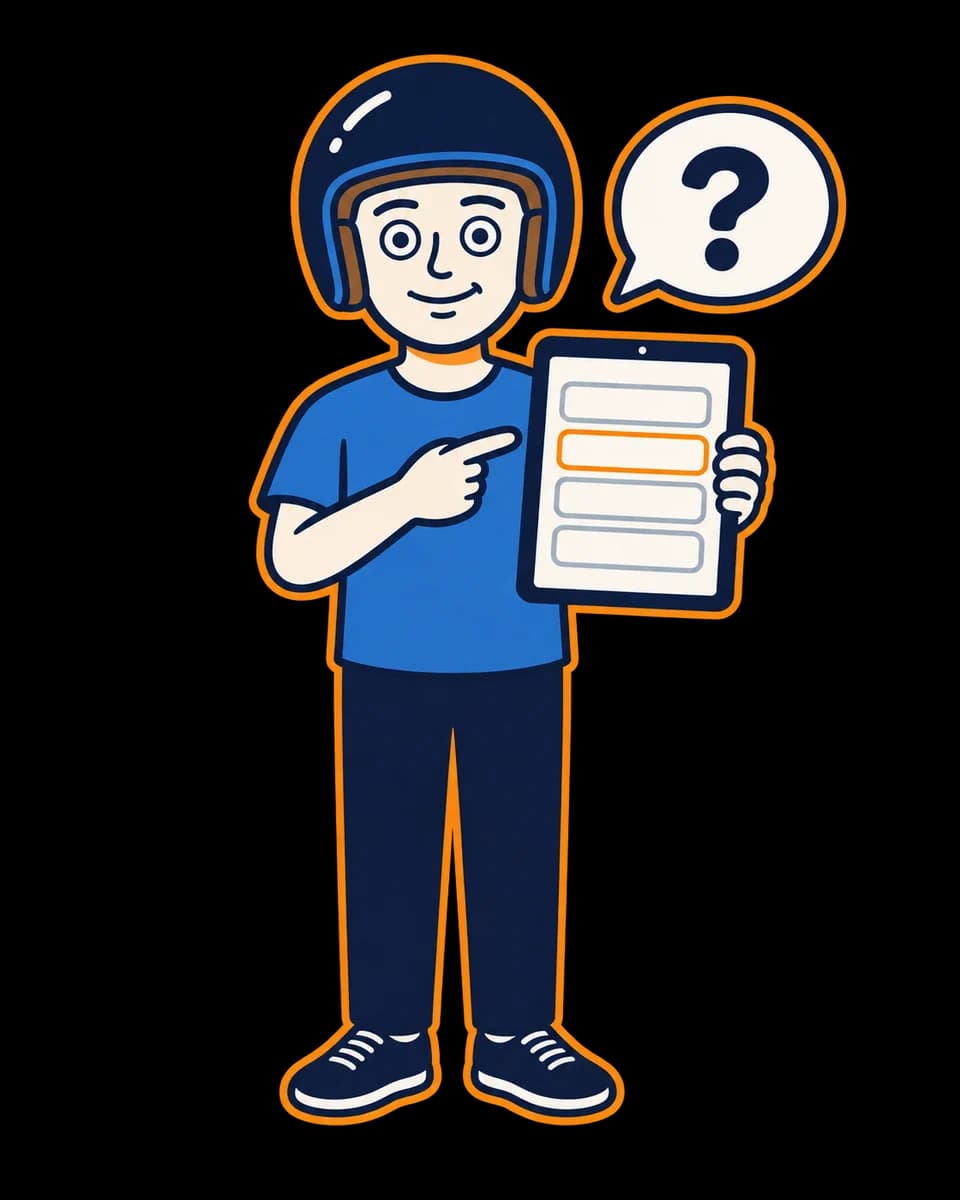 Mascot pointing to a practice-question tablet beside a question bubble.