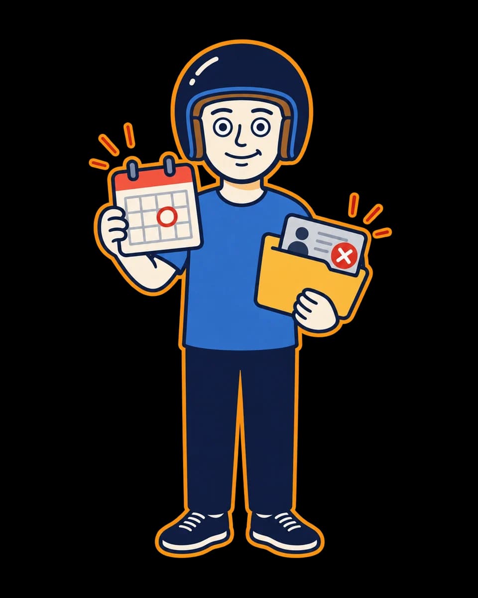 Mascot holding a calendar and a worn abstract licence card.