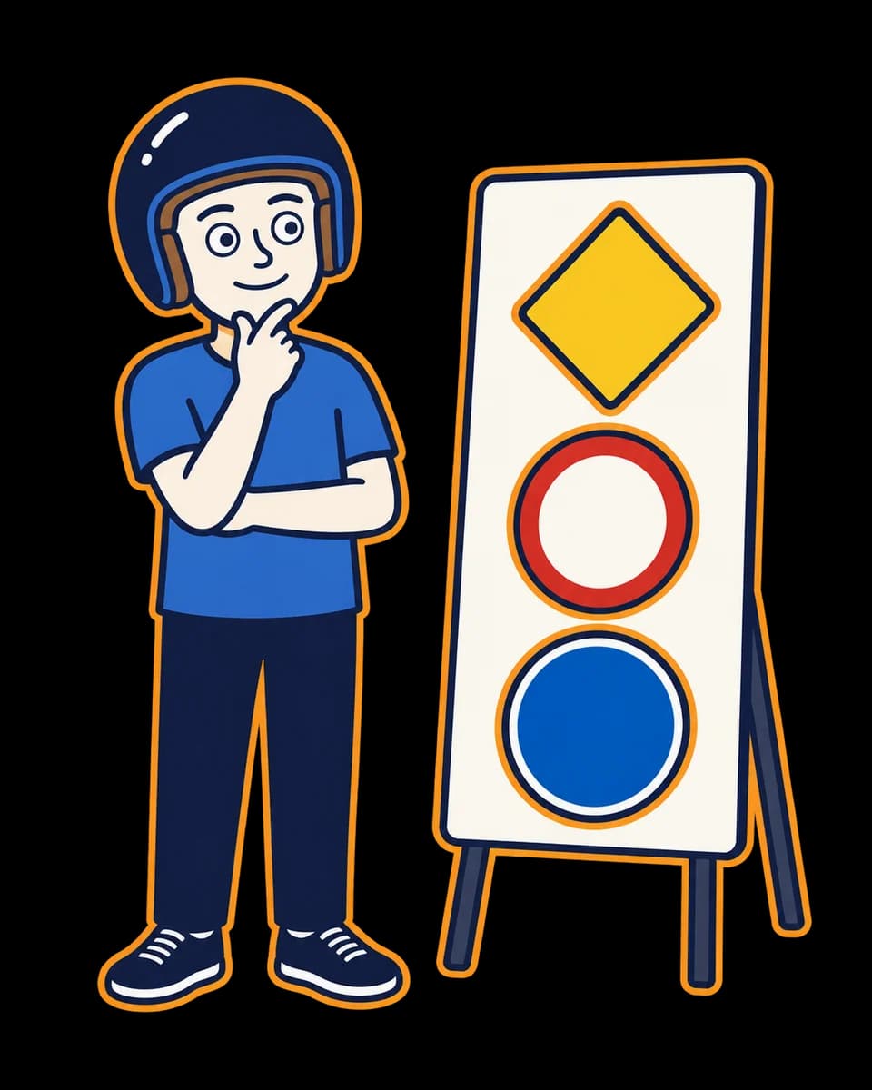Mascot considering three blank road-sign shapes on a board.