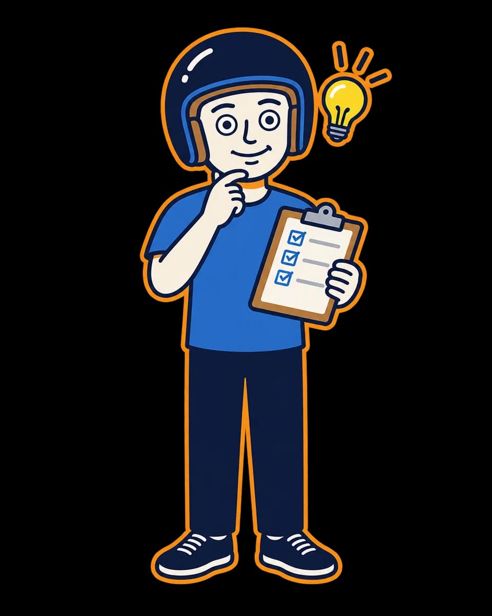 Mascot considering a checklist beneath a light-bulb symbol.