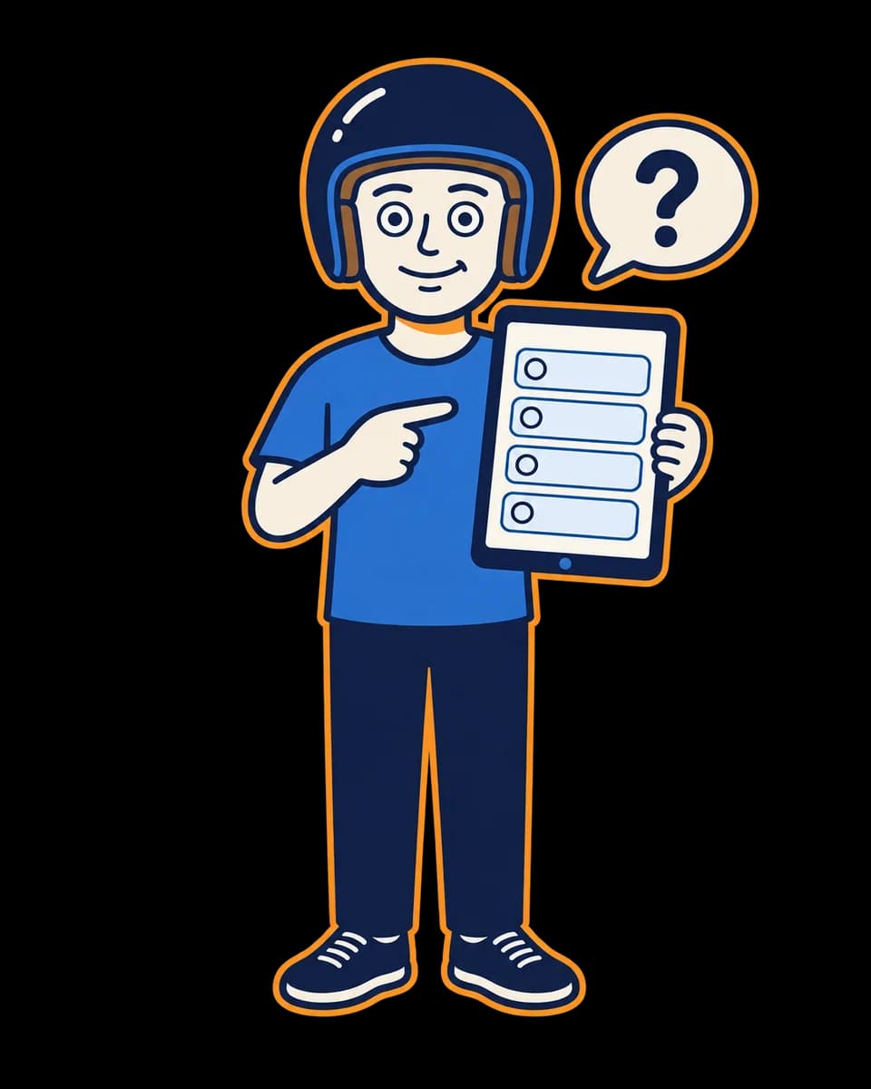 Mascot pointing to a question list on a tablet.
