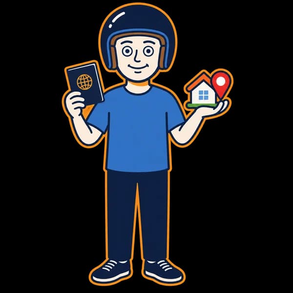 Mascot holding a passport and a home-and-location symbol.