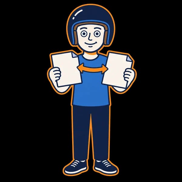 Mascot holding two document sheets linked by an arrow.