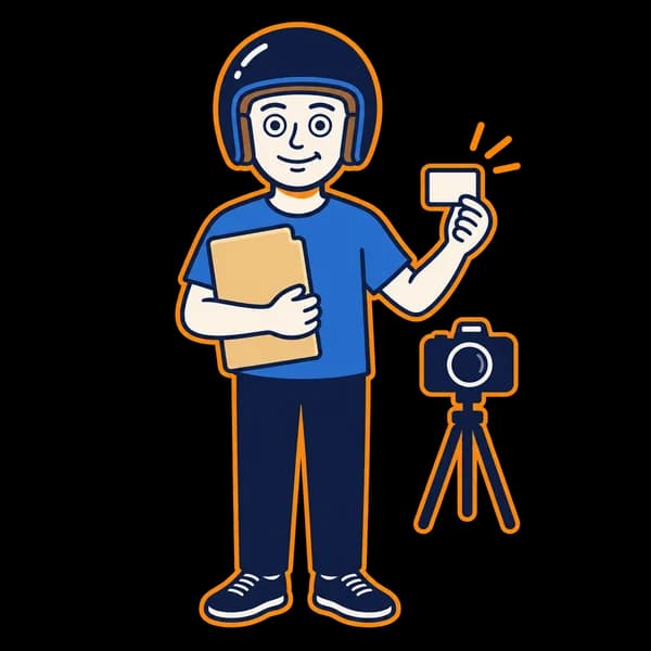 Mascot holding a blank card beside a camera.