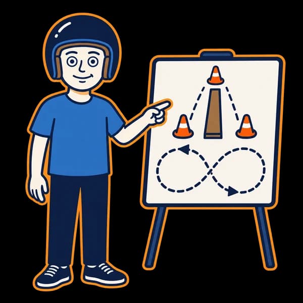 Mascot presenting a cone course and figure-eight diagram.