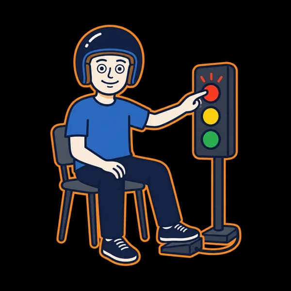 Mascot pressing a button on a reaction-test light panel.