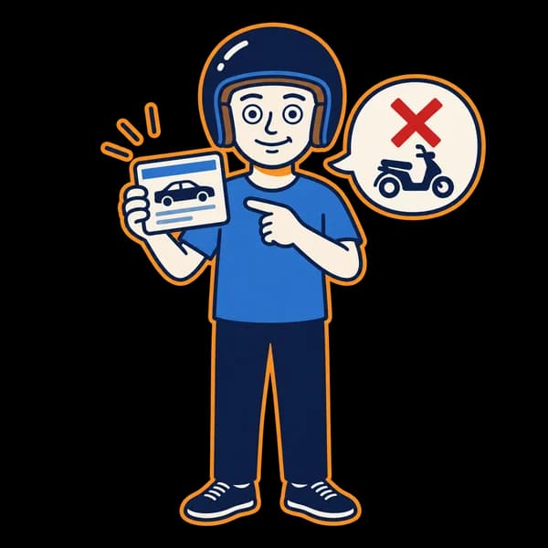 Mascot pointing to a car licence card beside a crossed-out motorcycle symbol.