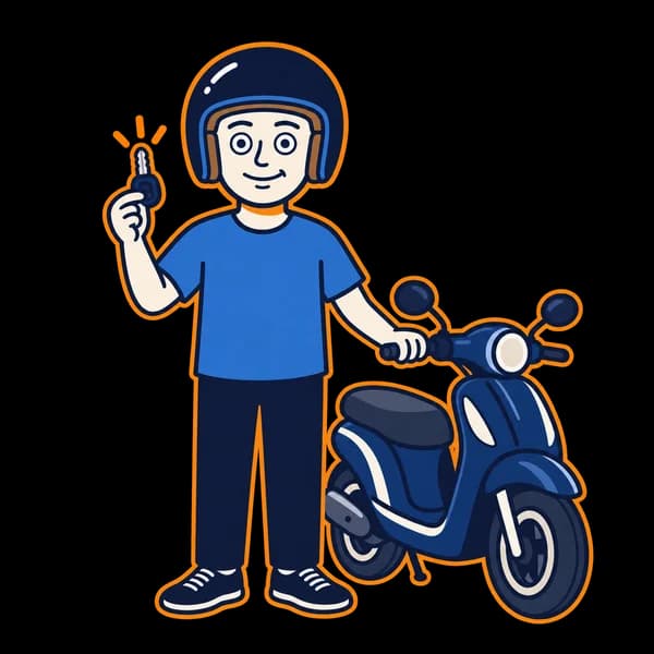 Mascot holding a key beside a parked navy scooter.