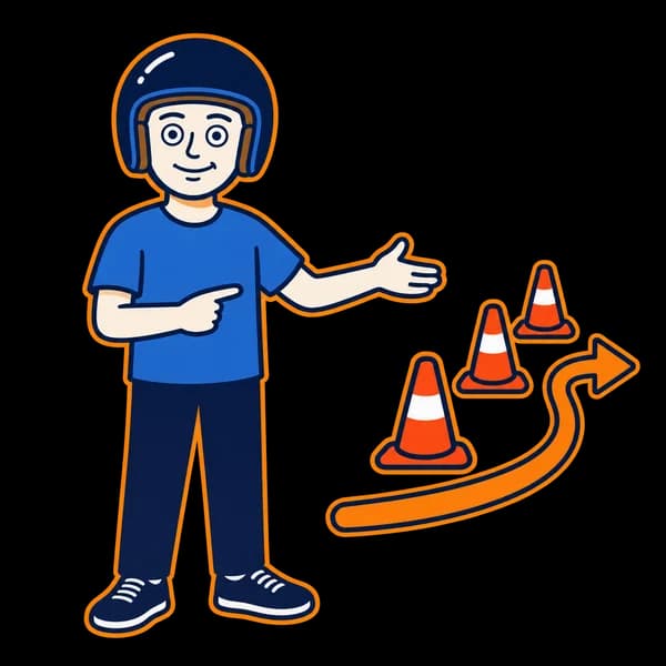Mascot indicating a practice-cone course with an arrow.