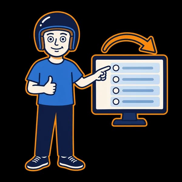Mascot pointing to a multiple-choice screen and a curved arrow.