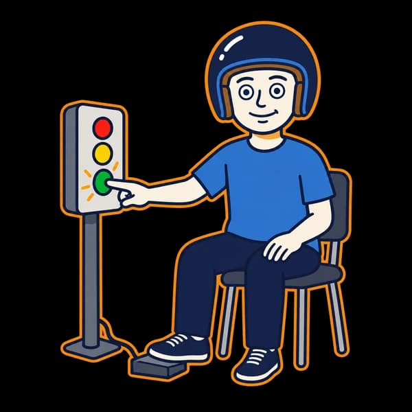 Mascot using a reaction-test pedal beside a traffic light panel.
