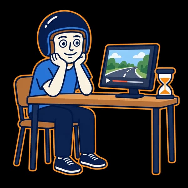 Mascot watching a road-safety video beside an hourglass.