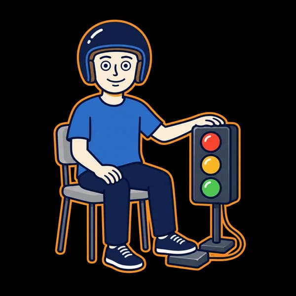 Mascot using a reaction-test pedal beside a traffic light panel.