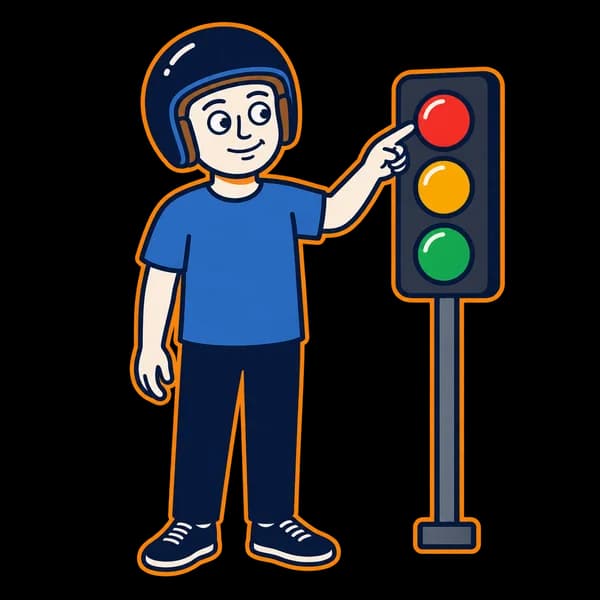 Mascot pointing to a red light on a colour-vision panel.