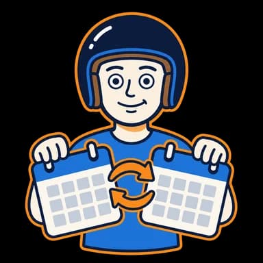 Mascot holding two calendar pages linked by a renewal arrow.