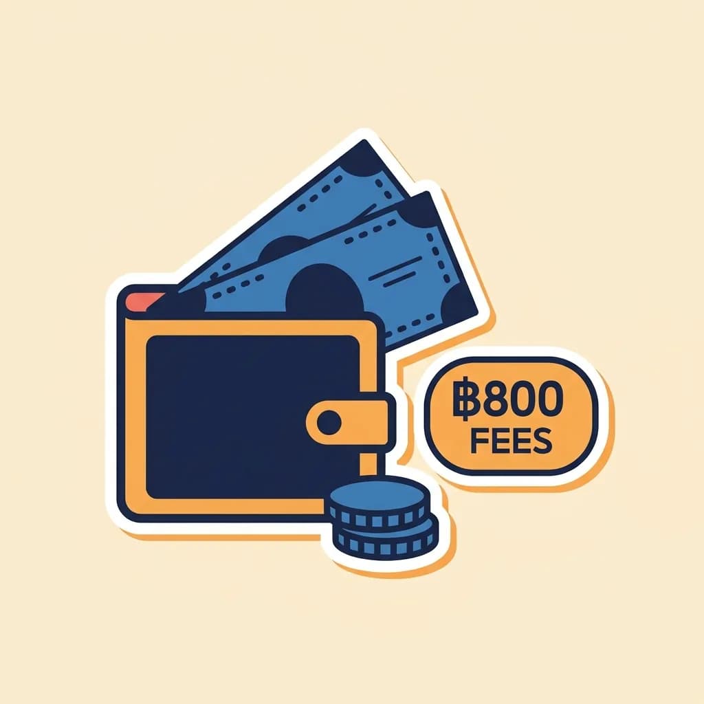 Sticker wallet with banknotes peeking out and a small stack of coins, beside a warm-orange pill badge reading '฿800 fees'.
