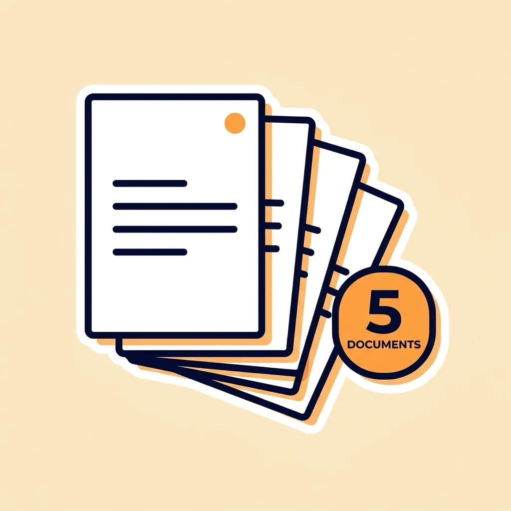 Sticker fan of five A4 papers with a small warm-orange dot on the top sheet, beside a warm-orange pill badge reading '5 documents'.