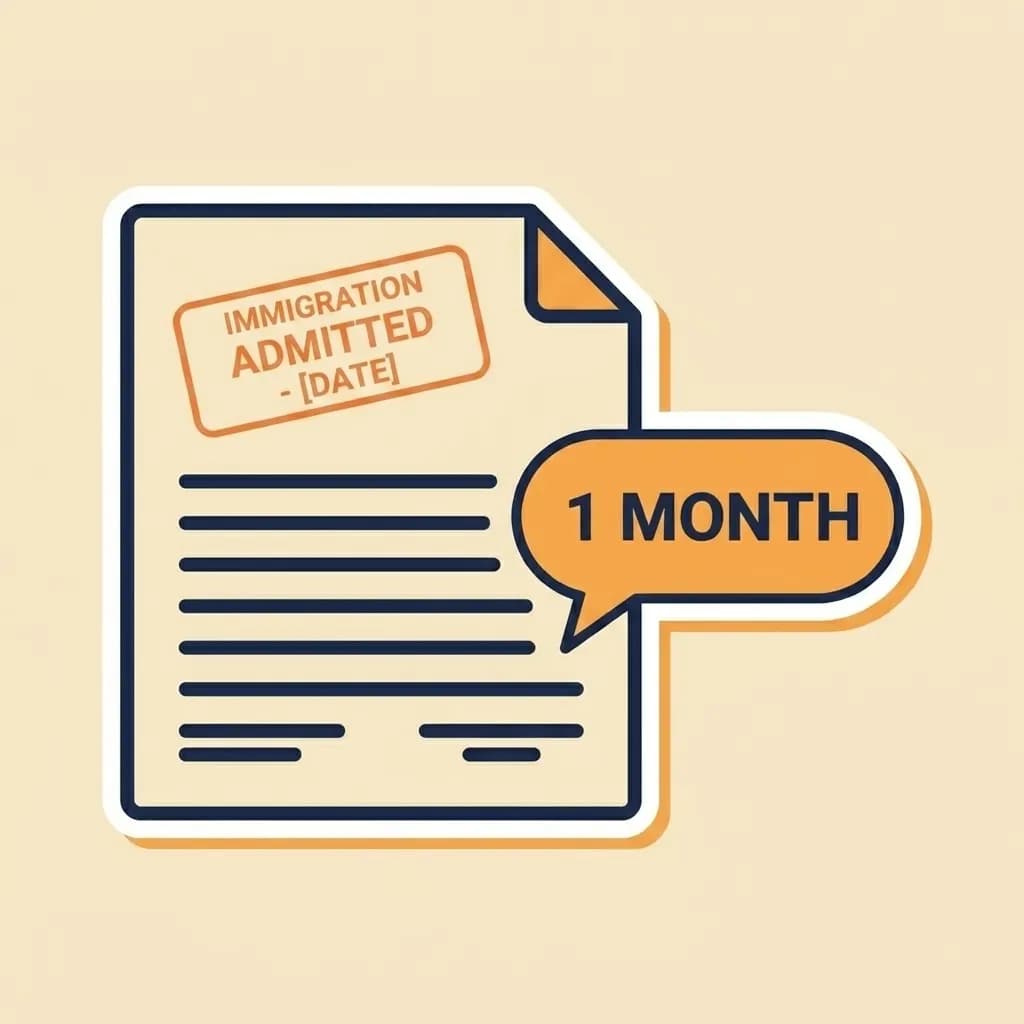 Sticker A4 certificate sheet with a warm-orange 'Immigration admitted' stamp at the top and a warm-orange speech-bubble badge reading '1 month'.