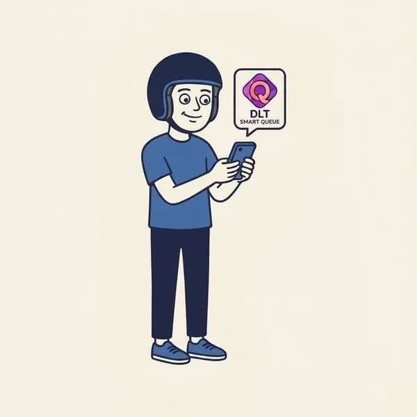 Mascot holding a smartphone with a 'DLT Smart Queue' app badge floating beside it.