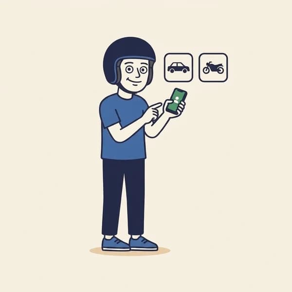 Mascot tapping a phone next to a car icon and a motorcycle icon.
