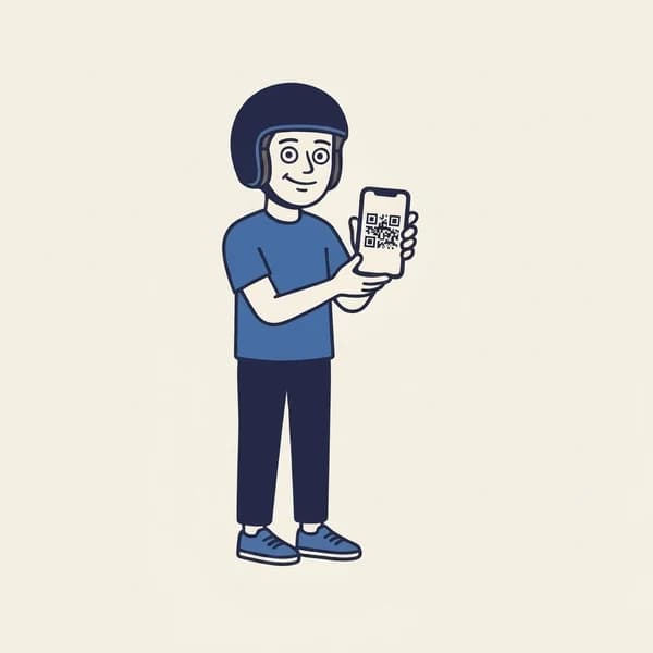 Mascot holding a phone showing a clear QR code on the screen.